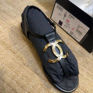 Authentic Chanel T Strap Logo Sandal